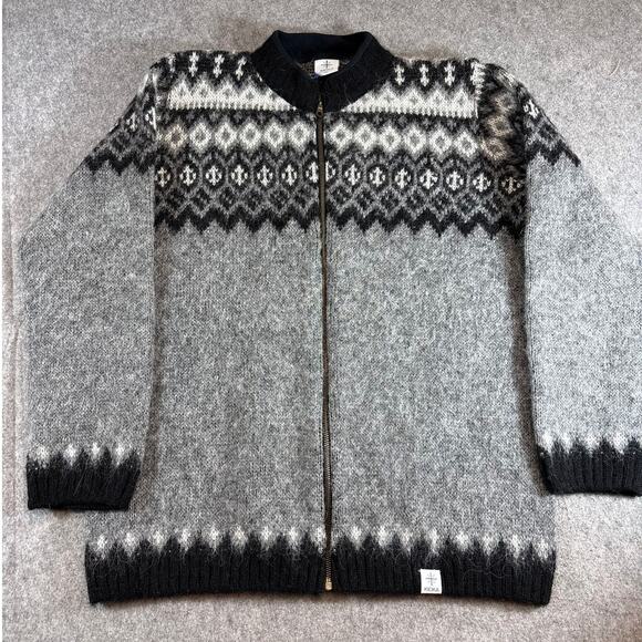 Kidka Icelandic Sweater Mens Gray Wool Cardigan Full Zip Nordic Fair Isle 2XL